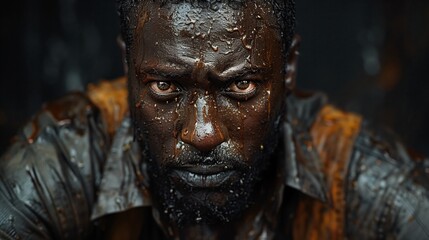 A close-up portrait of an African American oil industry worker, his face smeared with oil