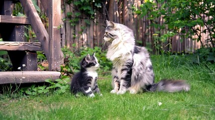 Obraz premium A cat and kitten rest on grass near a wooden fence and bench in backdrop
