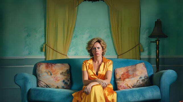 middle age blond pissed woman in her late 40s 50s or 60s  sitting on a sofa; concept of housewife that having enough 
