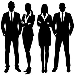 Business man and woman standing pose vector silhouette side by side, modern outfit vector illustration, white color background