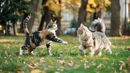 Obraz premium A couple of cats frolicking in a lush green meadow surrounded by towering trees