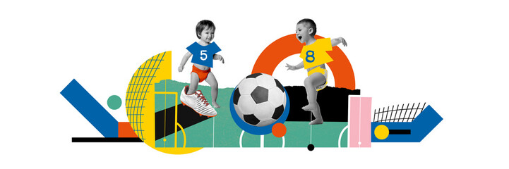 Two babies in motion, playing football, soccer on light background with colorful elements....