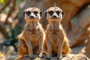 Fototapeta premium Two vigilant meerkats stand upright, closely observing their surroundings in a natural, arid environment