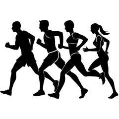 Marathon runner running everyone for going fast, vector silhouette