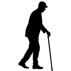 old man walking and relying on a cane, black color vector silhouette set against a white background