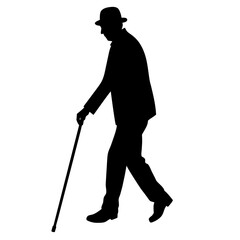 old man walking and relying on a cane, black color vector silhouette set against a white background