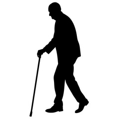 old man walking and relying on a cane, black color vector silhouette set against a white background