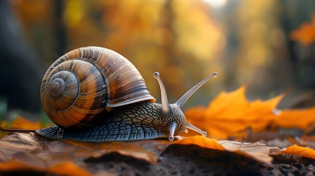 the slow movement of a snail glides over a leaf with wood. autumn season and snail, environment and nature.