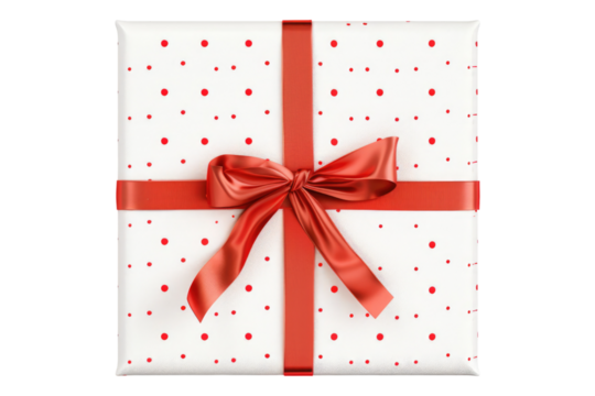 Gift box dotted wrap with red ribbon isolated on white background