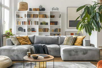 Bright living room interior with large sofa