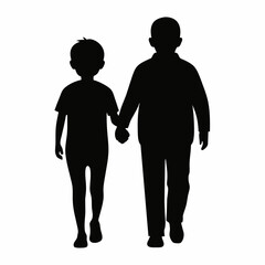 young sibling walking with hands held, enjoy moment vector silhouette, white background