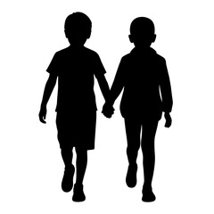 young sibling walking with hands held, enjoy moment vector silhouette, white background