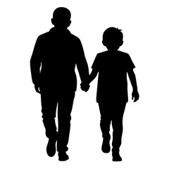 young sibling walking with hands held, enjoy moment vector silhouette, white background