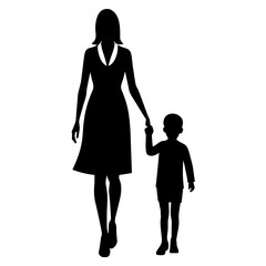 young mother in a modern outfit walking with holding her child hand side by side vector silhouette 