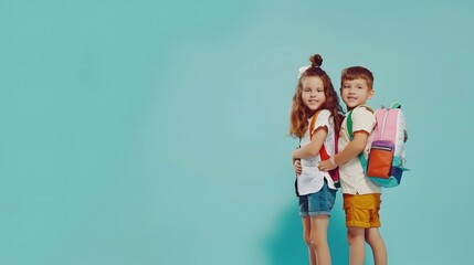 Two happy children with backpacks, ready for back to school, standing against a minimalist blue background, smiling and looking confident.
