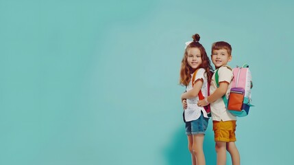 Fototapeta premium Two happy children with backpacks, ready for back to school, standing against a minimalist blue background, smiling and looking confident.