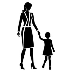 young mother in a modern outfit walking with holding her child hand side by side vector silhouette 