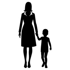 young mother in a modern outfit walking with holding her child hand side by side vector silhouette 