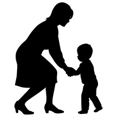 young mother she want to learn her child how to walk first step vector silhouette 