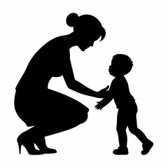 young mother she want to learn her child how to walk first step vector silhouette 