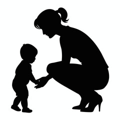 young mother she want to learn her child how to walk first step vector silhouette 