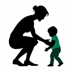 young mother she want to learn her child how to walk first step vector silhouette 