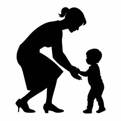 young mother she want to learn her child how to walk first step vector silhouette 