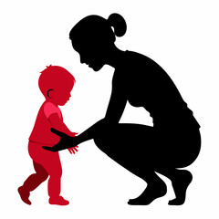 young mother she want to learn her child how to walk first step vector silhouette 