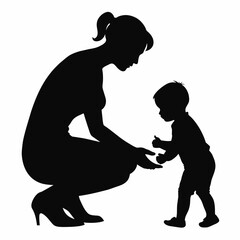 young mother she want to learn her child how to walk first step vector silhouette 