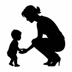 young mother she want to learn her child how to walk first step vector silhouette 