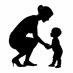 young mother she want to learn her child how to walk first step vector silhouette 