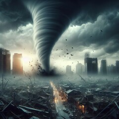 Dramatic scene of a tornado ripping through an urban area, with debris flying and dark stormy clouds overhead. AI Generation