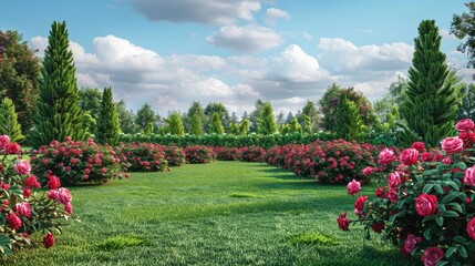 Obraz premium roses in full bloom, lush green grass and bushes with blooming flowers in the background.