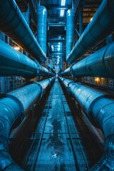 Fototapeta premium Construction, Industry and Development Concepts: Cool tones and perspective view of industrial pipes in a complex network