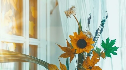   A sunlit window sill with sunflowers in a vase
