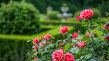 roses in full bloom, lush green grass and bushes with blooming flowers in the background.