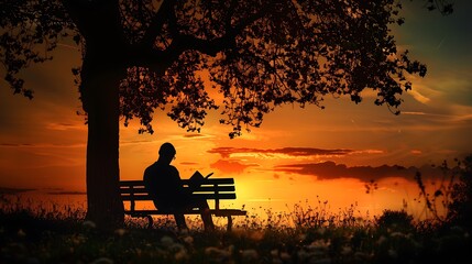Obraz premium Lonely man sitting on bench in park at sunset. Silhouette of thoughtful male enjoying evening in nature.