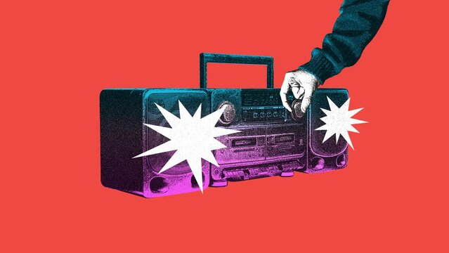 Human hand making music on boombox louder against red background. Party time, enjoyment and fun. Contemporary art. Stop motion, animation. Concept of retro and vintage, music, creativity. Poster, ad