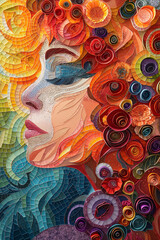 Colorful portrait of a dreamy woman with bright red curly hair.