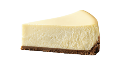 A delicious slice of classic cheesecake with a smooth, creamy texture and a graham cracker crust, perfect for dessert lovers.