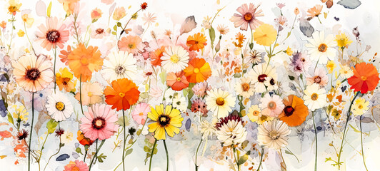 A field of yellow flowers with a white background.