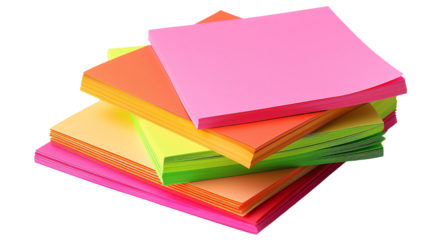 A stack of colorful sticky notes in pink, orange, yellow, and green, perfect for reminders, organization, and office use. Bright and vibrant stationery.