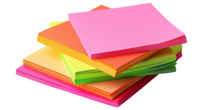 A stack of colorful sticky notes in pink, orange, yellow, and green, perfect for reminders, organization, and office use. Bright and vibrant stationery.