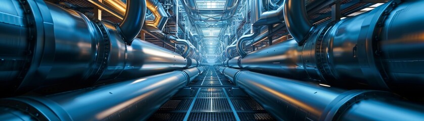 Construction, Industry and Development Concepts: Cool tones and perspective view of industrial pipes in a complex network