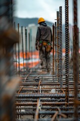 Construction and Development Concept: Construction worker amidst the steel rebars on a developing site