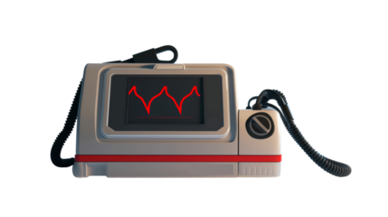 Close-up of a defibrillator with ECG display showing heartbeat pattern, used in medical emergencies for cardiac care and resuscitation.