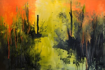 A painting of a forest with trees and a river. The painting is mostly black and yellow with some orange splatters. The mood of the painting is dark and mysterious