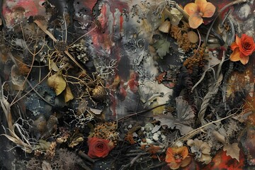A painting of a forest with a lot of leaves and flowers. The painting is very dark and has a lot of texture