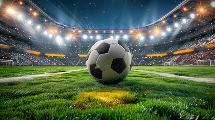 a soccer ball on the field of a large modern stadium with bright lights and a crowd of people in the background at night, designed as a banner.