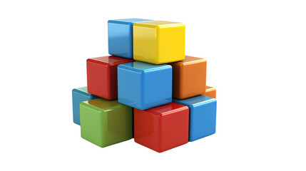 Colorful stacked toy blocks forming a pyramid structure, isolated on a white background. Ideal for educational and playful concepts.